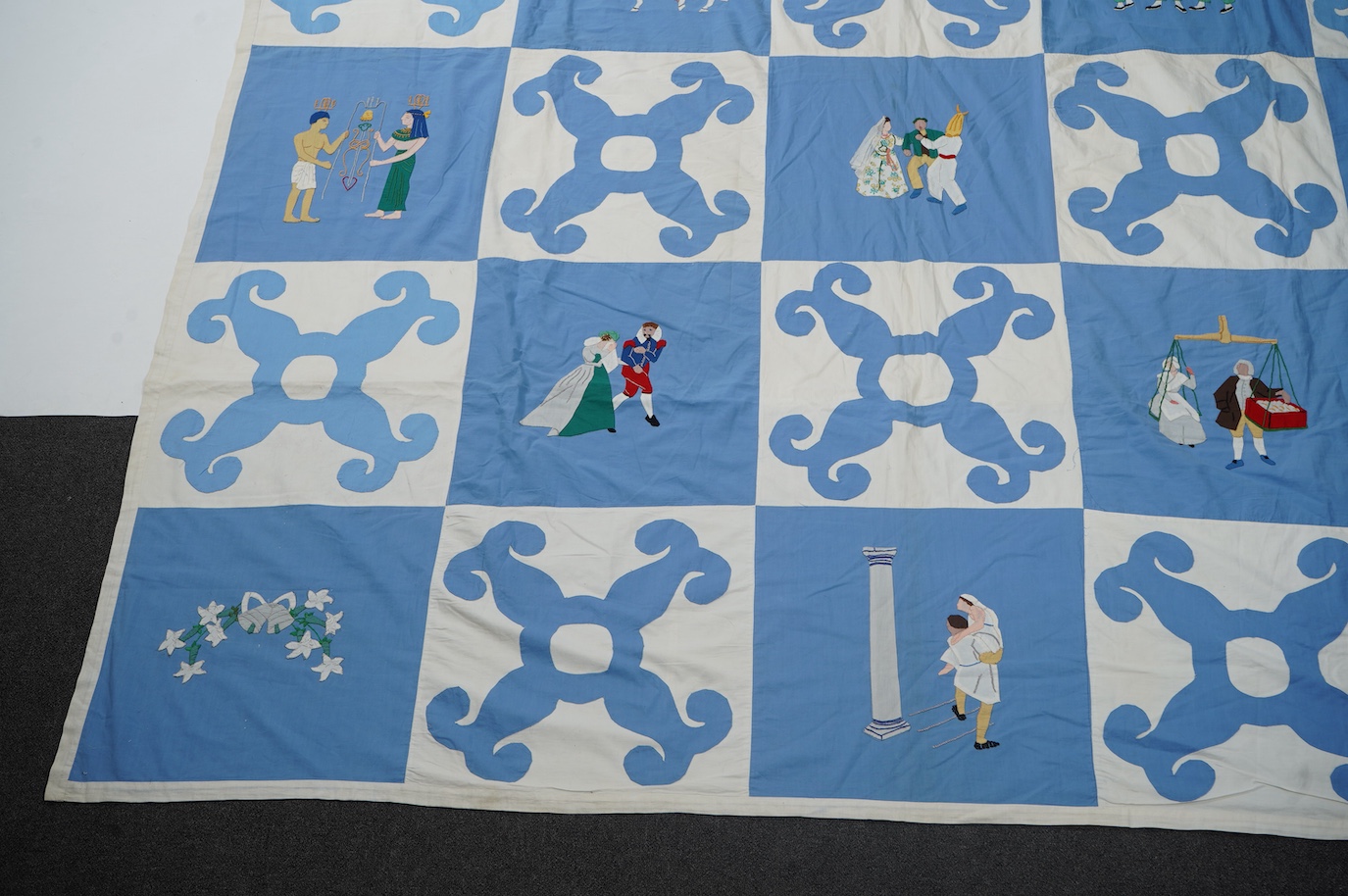 A rare figurative American ‘bridal quilt coverlet’, designed by Marion Cheever Whiteside Newton, whose designs were originally widely published in magazines and sold during the 1940’s-50’s. Her ‘quilting kits’ were also